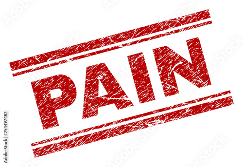 PAIN seal print with corroded style. Red vector rubber print of PAIN title with dirty texture. Text title is placed between double parallel lines.