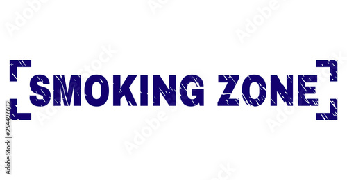 SMOKING ZONE title seal imprint with grunge texture. Text title is placed inside corners. Blue vector rubber print of SMOKING ZONE with dust texture.