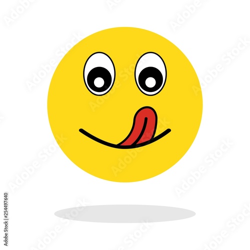 Yummy icon. Hungry smiling face with mouth and tongue emoji. Delicious, healthy funny lunch tasty mood smile avatar happy yellow character cute isolated cartoon symbol