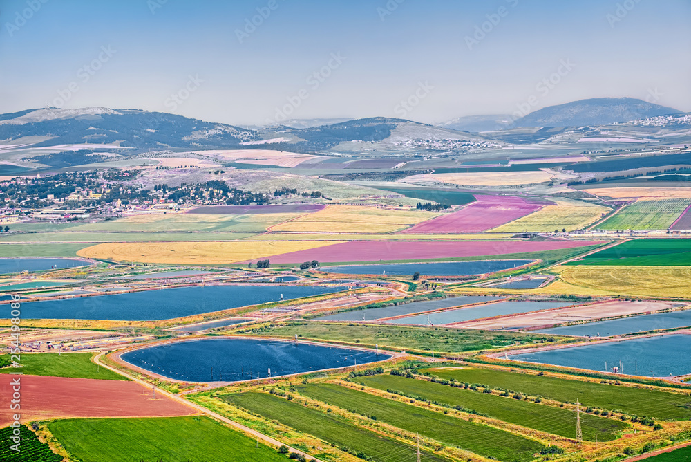 Colorful agricultural areas and water ponds at Beit Shean Valley of Israel, at spring season.