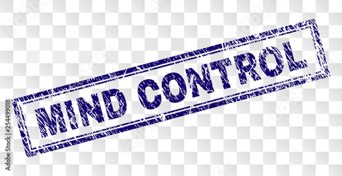 MIND CONTROL stamp seal print with rubber print style and double framed rectangle shape. Stamp is placed on a transparent background. Blue vector rubber print of MIND CONTROL tag with retro texture.