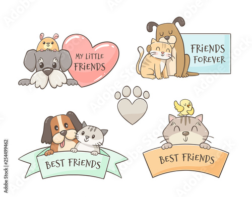 Set of cute labels of pets. Friendship concept. Best friends. Domestic animals. Hand drawn illustration.