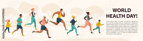 People Jogging Sport Family Fitness Run Training World Health Day 7 April Flat Vector Illustration.