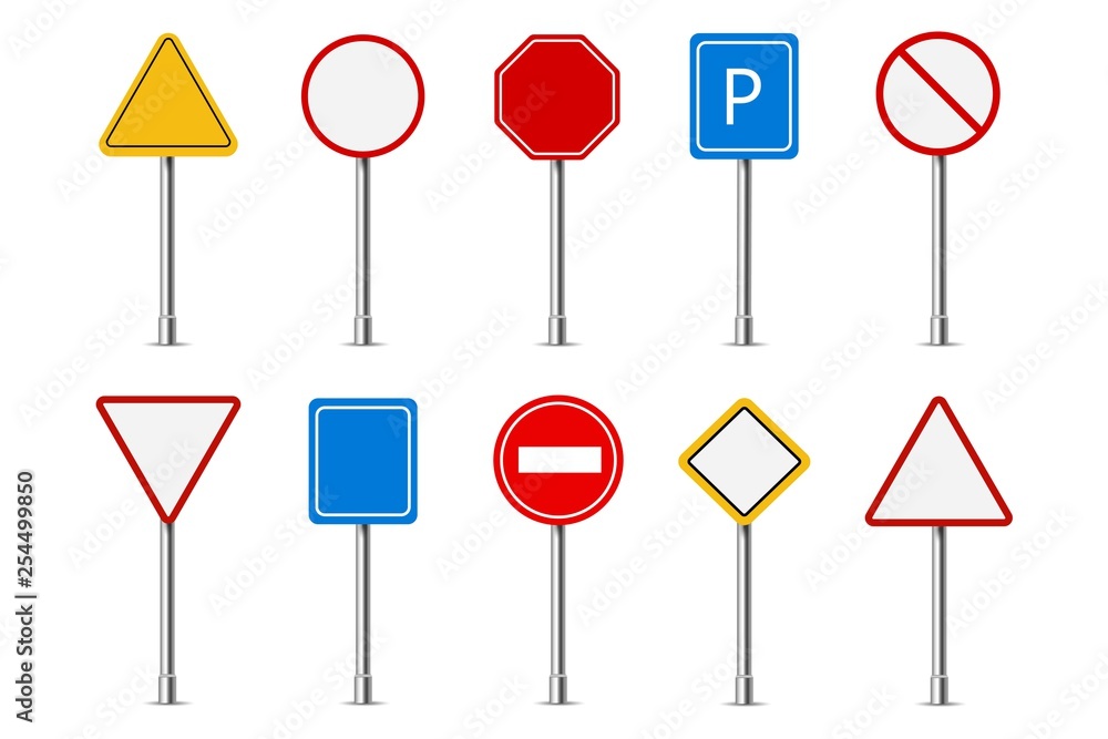 Traffic road realistic signs. Signage signal warning sign stop danger caution speed highway empty parking street board set - obrazy, fototapety, plakaty 