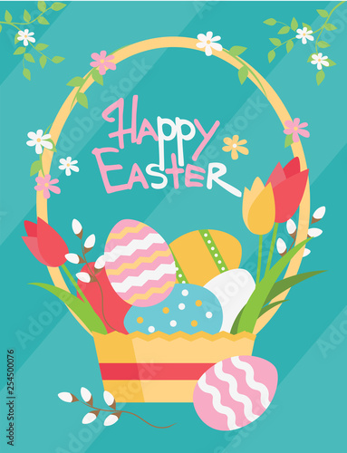 Easter postcard with basket with eggs, flowers, verba and text, vector illustration. Happy Easter!