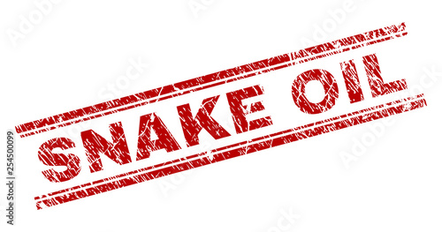 SNAKE OIL seal print with distress texture. Red vector rubber print of SNAKE OIL text with retro texture. Text tag is placed between double parallel lines.