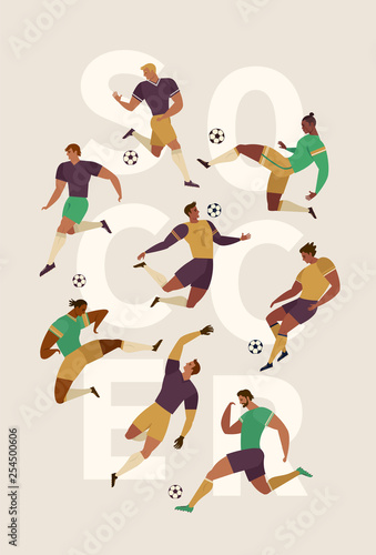 Football soccer player set of isolated characters of teammates referee and competition trophy. Design element for card, poster, flyer and other use.