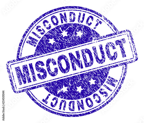 MISCONDUCT stamp seal watermark with grunge texture. Designed with rounded rectangles and circles. Blue vector rubber print of MISCONDUCT title with dust texture.