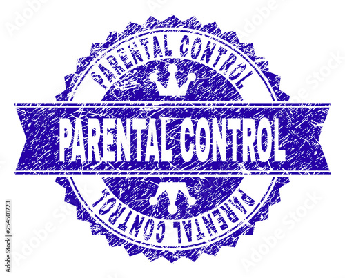 PARENTAL CONTROL rosette stamp watermark with grunge texture. Designed with round rosette, ribbon and small crowns. Blue vector rubber watermark of PARENTAL CONTROL text with grunge texture.