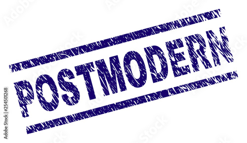 POSTMODERN seal print with scratced style. Blue vector rubber print of POSTMODERN text with unclean texture. Text tag is placed between parallel lines.