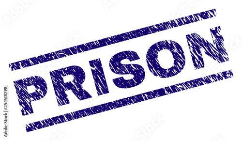PRISON seal print with grunge style. Blue vector rubber print of PRISON tag with retro texture. Text tag is placed between parallel lines.