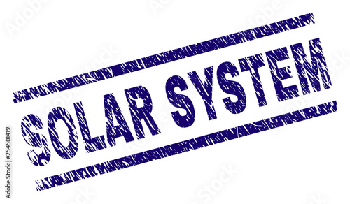 SOLAR SYSTEM seal print with grunge style. Blue vector rubber print of SOLAR SYSTEM text with corroded texture. Text title is placed between parallel lines.