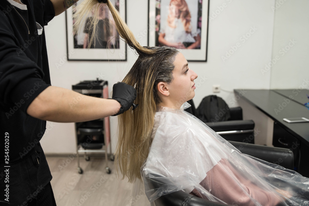 Professional hairdresser putting color mask dyeing hair of woman in beauty salon Professional hairdresser putting color mask dyeing hair of woman in beauty salon