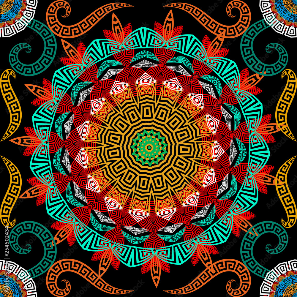 Greek colorful floral seamless mandalas pattern. Vector ornamental ethnic style background. Round lace mandalas with flowers and ancient greek key meanders ornament. Repeat beautiful bright backdrop.