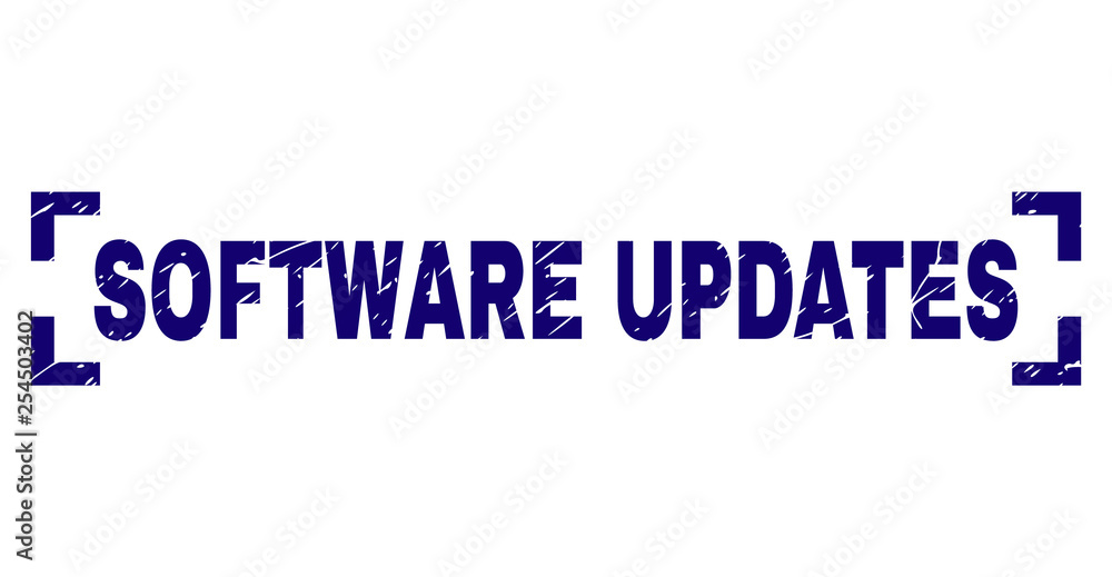 SOFTWARE UPDATES text seal print with corroded texture. Text tag is placed between corners. Blue vector rubber print of SOFTWARE UPDATES with corroded texture.