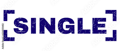 SINGLE title seal print with grunge texture. Text title is placed inside corners. Blue vector rubber print of SINGLE with unclean texture.