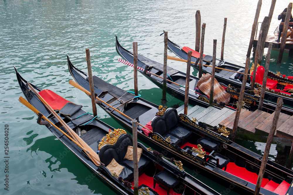 In Venice the gondolas are parked everywhere.