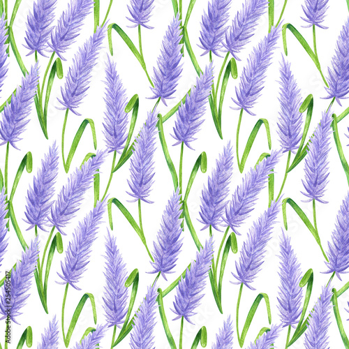 Watercolor seamless pattern in retro style with spring purple flowers. Decorative floral background for Easter, wedding or fabric design in violet and green colors