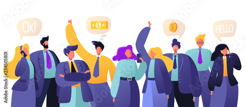 Business teamwork concept. People decide business questions, confer. Group of business people, office workers standing together. Colorful vector illustration in flat cartoon style.