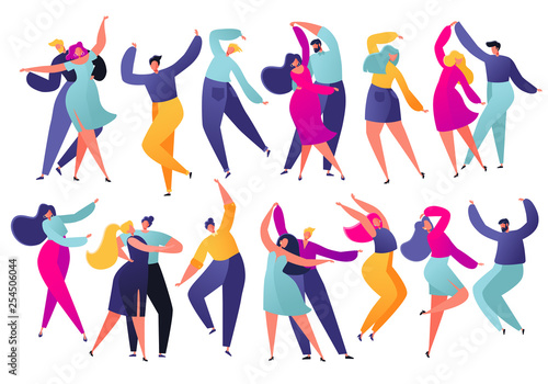 Set of young happy dancing people. Party dancer character male and female isolated on white background. Young men and women enjoying dance party. Colorful vector illustration.