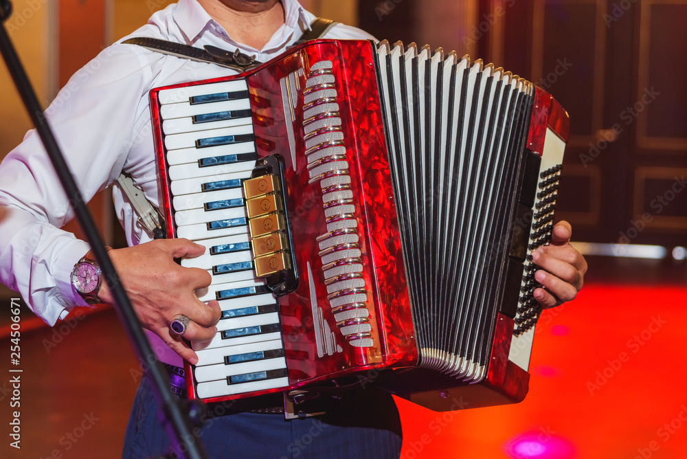 Musical instrument. A man plays the accordion. Event. Accordion