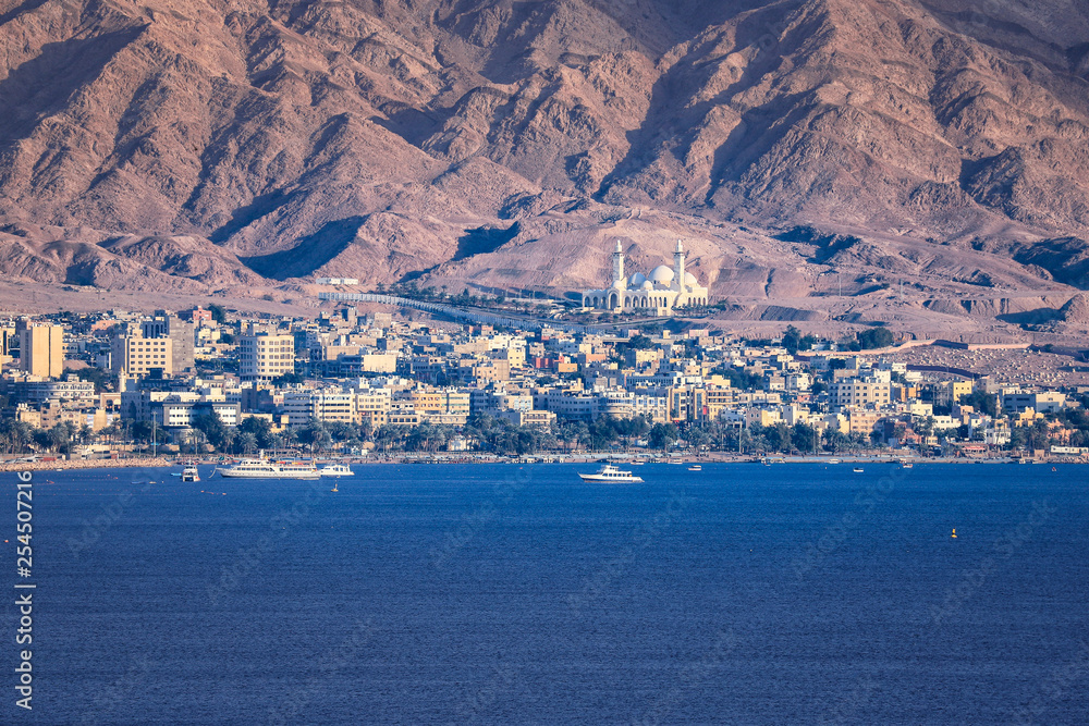 Eilat, ISRAEL -February 28, 2019: Flying over the coast at Eilat of Israel.