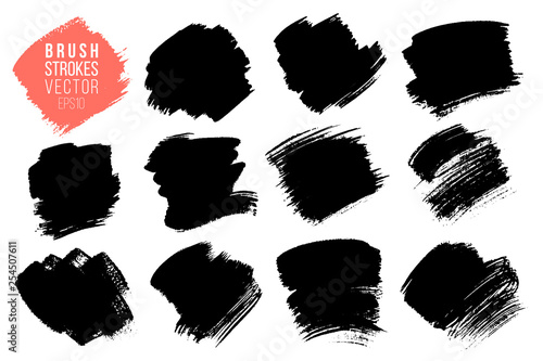 Vector set of big hand drawn brush strokes, stains for backdrops. Monochrome design elements set. One color monochrome artistic hand drawn backgrounds square shapes.