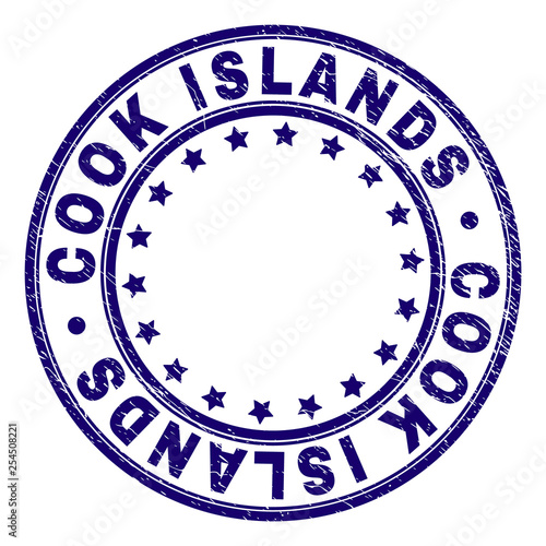 COOK ISLANDS stamp seal watermark with distress texture. Designed with circles and stars. Blue vector rubber print of COOK ISLANDS text with retro texture.