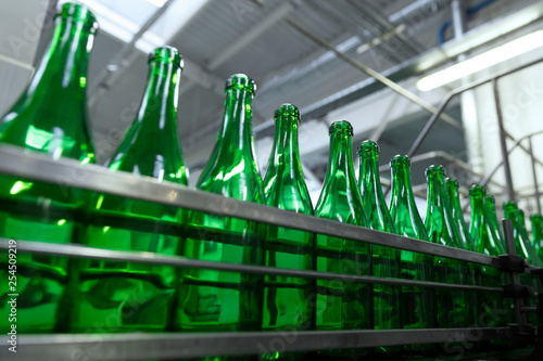 Empty green bottles are on the conveyor belt. Plant for the production of champagne