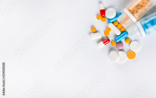 Assorted pharmaceutical medicine pills, tablets and capsules.Pills background.