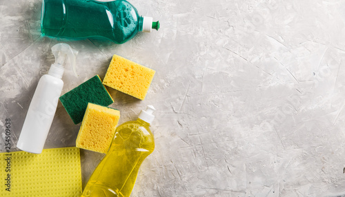 Принти на полотні flat lay composition with cleaning supplies for dish washing and space for text