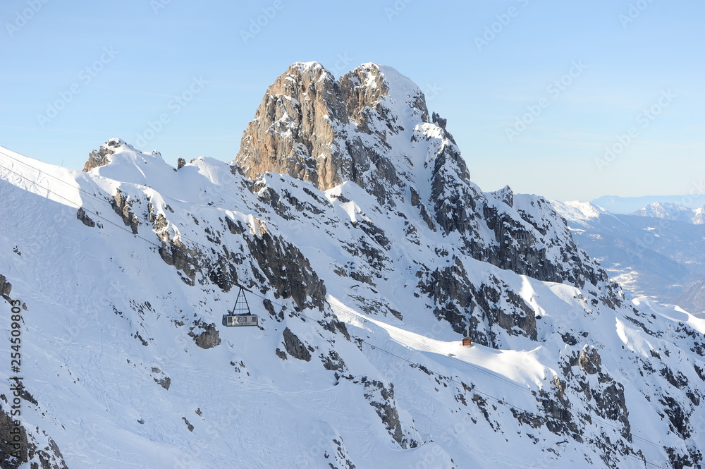 Winter scenery of a mountain peak with snow
