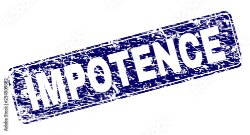 IMPOTENCE stamp seal watermark with distress style. Seal shape is a rounded rectangle with frame. Blue vector rubber print of IMPOTENCE title with scratched style.