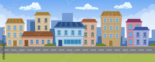 City building houses with road. Flat design