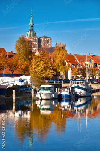 Historical houses and brick towers of Stralsund in Northern Germany