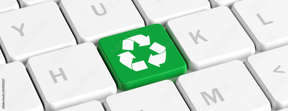 Recycling. Green key button with recycle sign on a computer keyboard,  banner. 3d illustration Stock Illustration | Adobe Stock