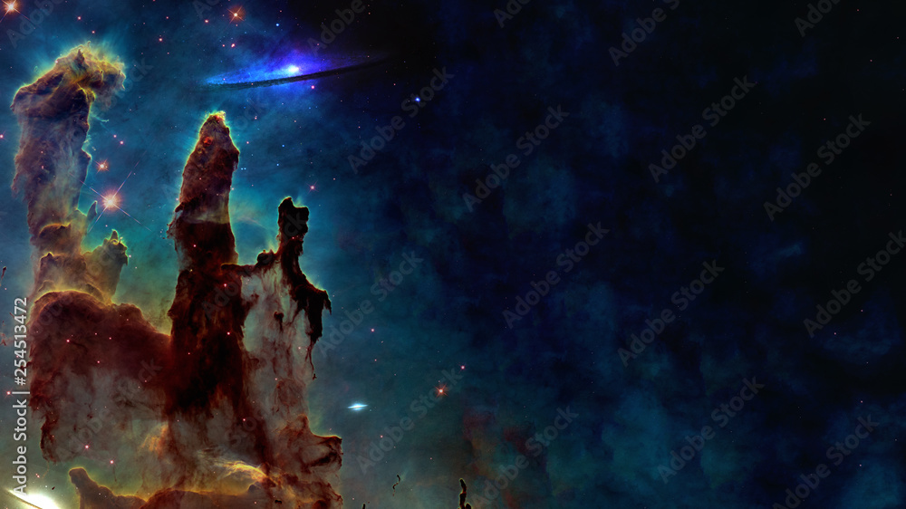 Somewhere in space near Pillars of creation. Science fiction. Elements of this image were furnished by NASA. - obrazy, fototapety, plakaty 