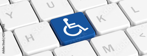 Disability, handicapped. Blue key button with wheelchair sign on a computer keyboard, banner. 3d illustration photo
