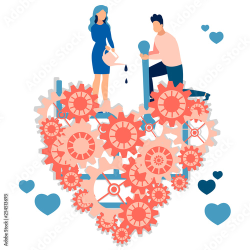 A loving couple, the former repairing a broken heart. Work for family relationships. In minimalist style. Cartoon flat Vector