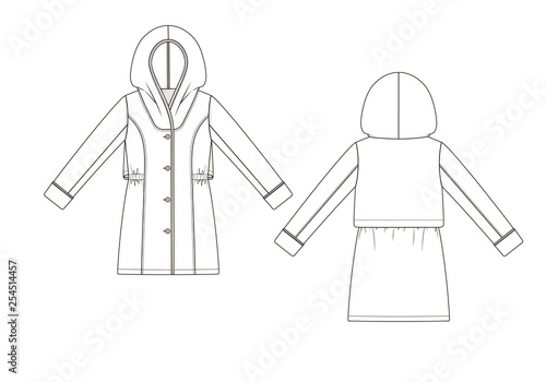 Fashion technical sketch of topcoat with hood in vector graphic