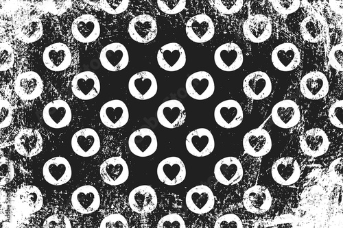 Grunge pattern with icons of stamp hearts. Horizontal black and white backdrop.