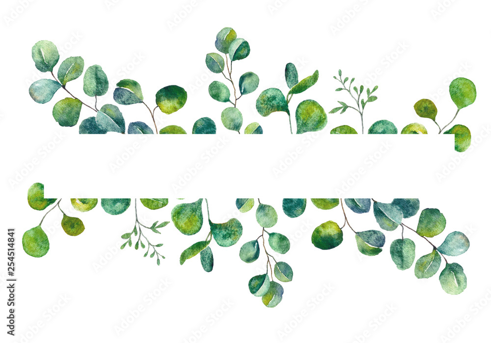 © OliaGraphics - Green leaves watercolor frame. Eucalyptus frame, wreath for wedding invitation, greeting card, flyer. Hand painted floral frame template. Botanical herbal wreath.