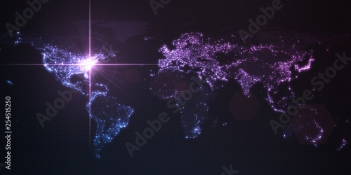 power of america, energy beam on washington. dark map with illuminated cities and human density areas. 3d illustration