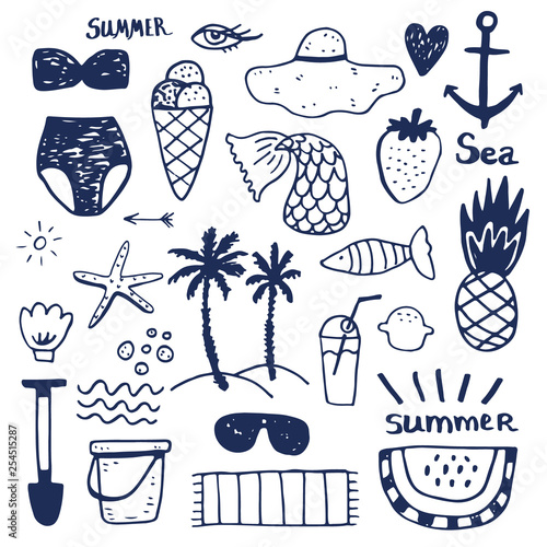 Summer vacation accessories flat icons set. Colorful abstract vector illustration.