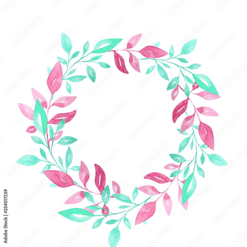 Hand drawn watercolor leaves, decorative circle isolated on the white background can be used for greeting cards