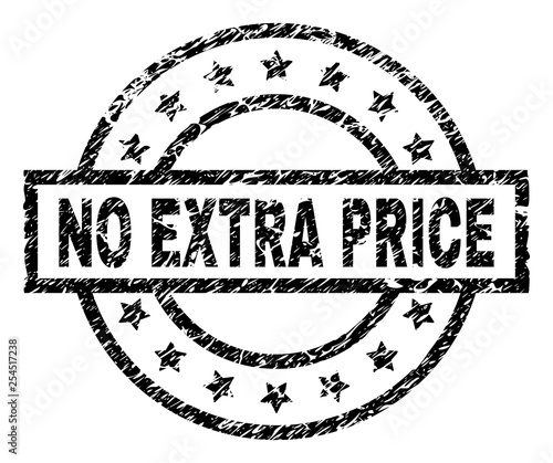 NO EXTRA PRICE stamp seal watermark with distress style. Designed with rectangle, circles and stars. Black vector rubber print of NO EXTRA PRICE caption with unclean texture.