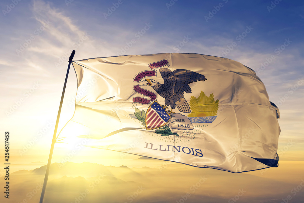Illinois state of United States flag waving on the top sunrise mist fog - obrazy, fototapety, plakaty 