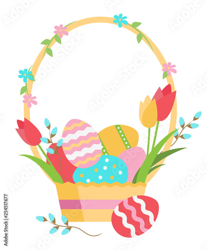 Easter basket with eggs, flowers, and verba, vector illustration. Happy Easter!