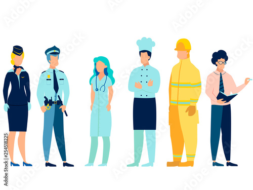 People of different professions. Doctor, fireman, teacher, stewardess, cook and policeman in uniform. In minimalist style. Cartoon flat Vector