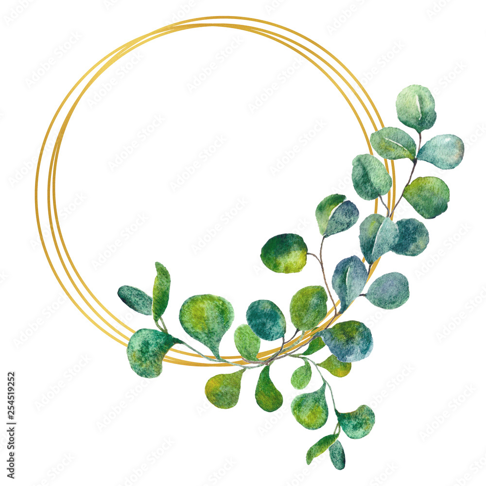 Watercolor eucalyptus golden frame. Frame with green leaves, foliage ...